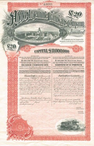 Anglo-Argentine Tramways Co., Limited - £20 British Pounds Unissued Bond (Uncanceled)